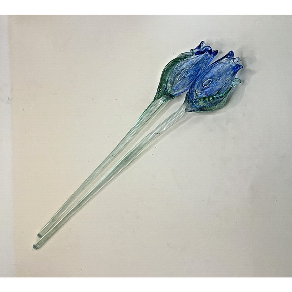 Unmarked Other - Vintage Blown Glass Art Long Clear Stem Blue and Green Flower Buds Set of 2